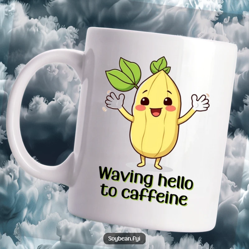 Funny kawaii soybean character enthusiastically waving with its leafy arms, on a mug.