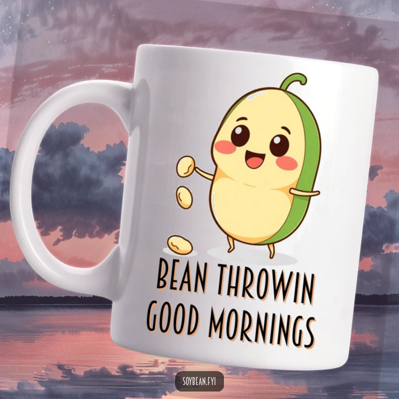 Funny Kawaii soybean character mug with a big smile, playfully throwing a tiny bean, embodying joy and silliness.