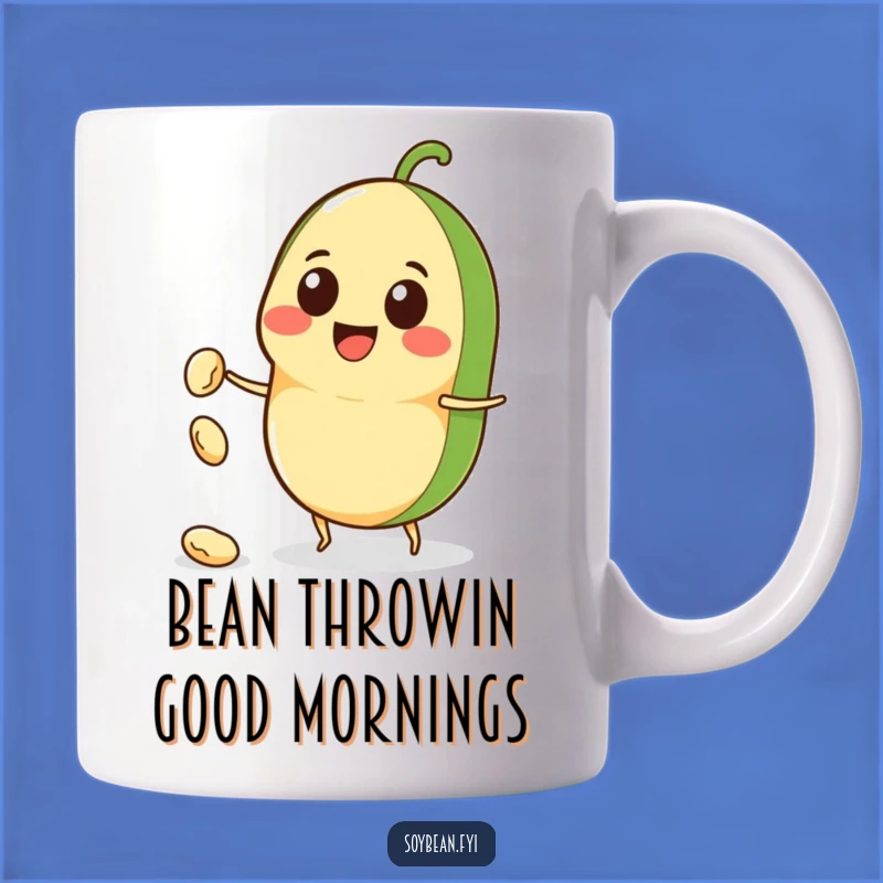 Funny Kawaii Soybean Mug Gift: Smiling Character Throwing Bean, Perfect Gag Present