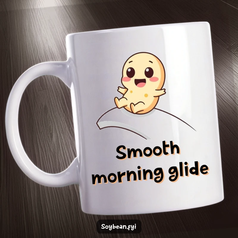 Funny kawaii soybean mug featuring a cute character playfully sliding down a smooth ramp with a cheerful expression.
