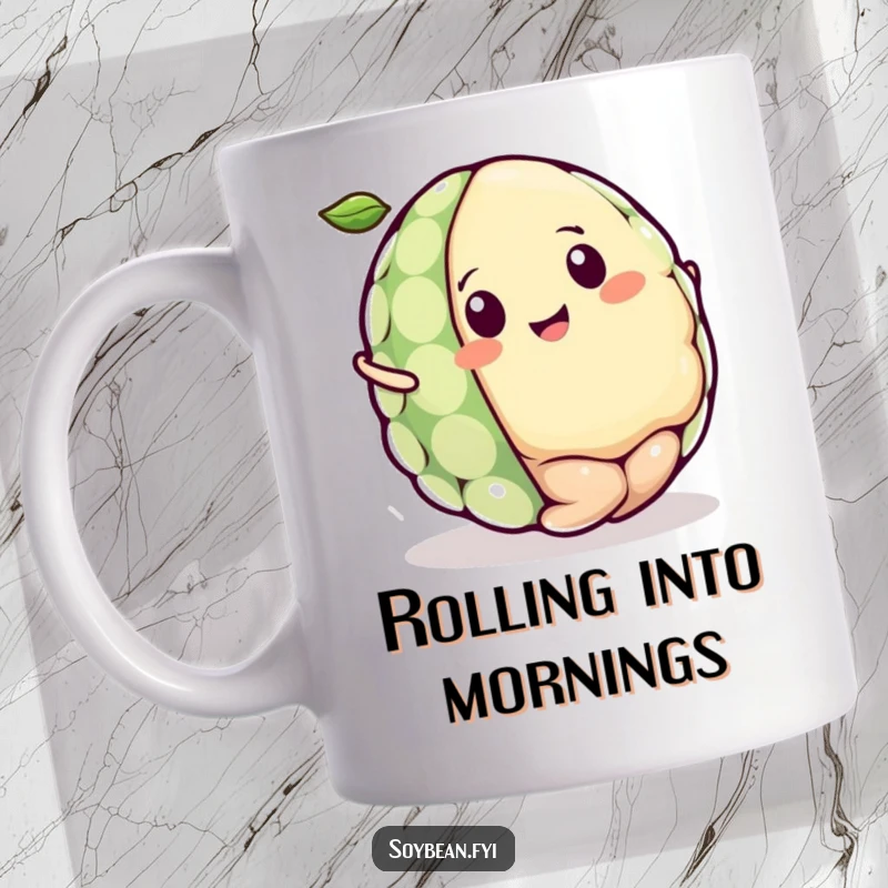 Funny Kawaii soybean character mug, depicted rolling joyfully like a tiny ball, expressing pure delight and happiness.