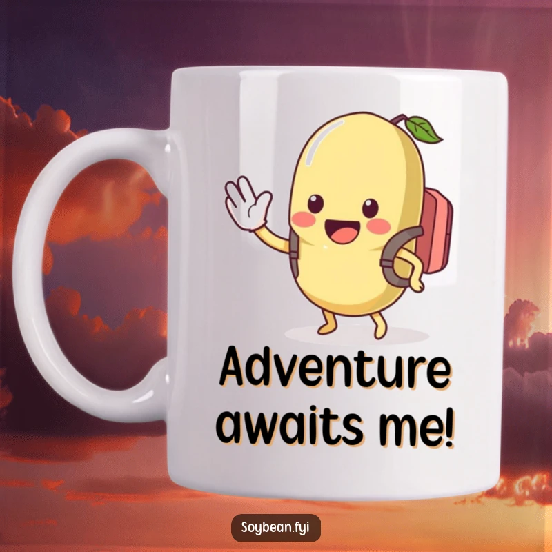 Funny mug with a kawaii soybean wearing a tiny backpack, waving excitedly with a big grin, perfect for a funny travel gift.