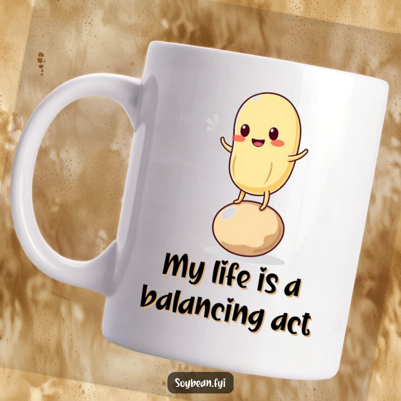 Funny mug depicting a cute kawaii soybean character precariously balancing on a single bean, looking slightly wobbly and undeniably amusing.