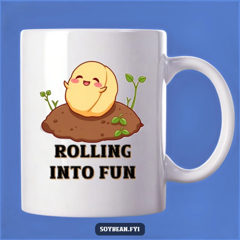 Funny Playful Soybean Mug - Rolling Joyful Bean, Whimsical Humorous Gift