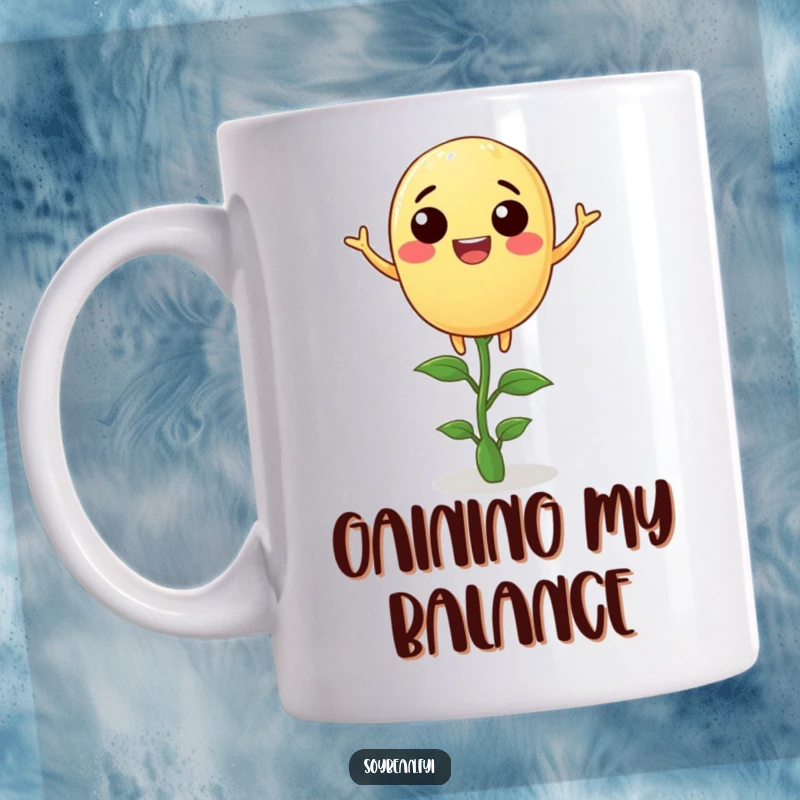 Funny soybean mug featuring a joyful anthropomorphic soybean balancing on a tiny sprout, perfect for a peaceful morning.