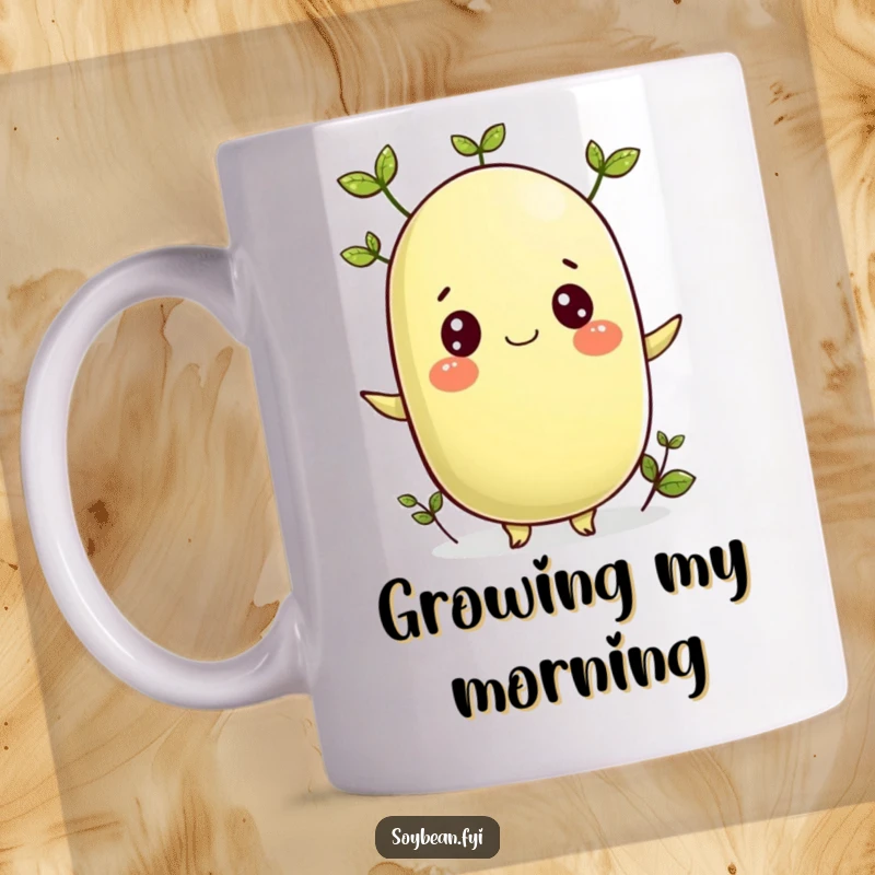 Funny mug featuring a cheerful soybean character with small, fresh green sprouts emerging, symbolizing growth.