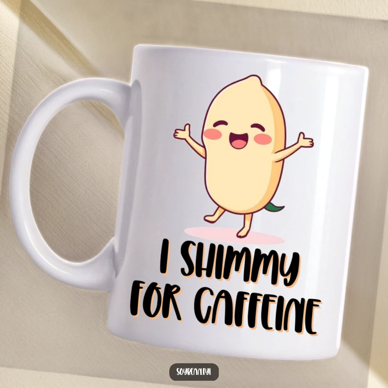 Funny dancing soybean mug illustration, showing a joyful little bean in a spirited dance pose, radiating pure happiness.