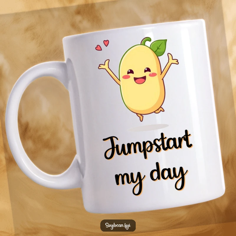 Funny soybean mug featuring a grinning anthropomorphic soybean doing a celebratory jump, perfect for a cheerful morning.