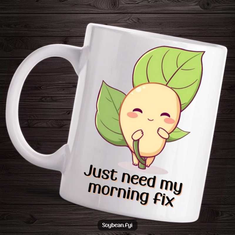 Funny Soybean Mug: A shy soybean peeks playfully from behind a large green leaf, showing a timid yet cute expression.