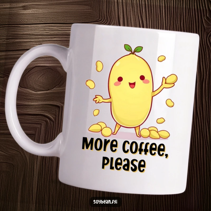 Funny mug depicting a cute kawaii soybean character skillfully juggling several small edamame pods with concentration and charm.