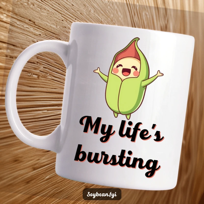Funny mug with a happy soybean pod bursting open, spilling out seeds with pure joy and excitement, perfect for coffee lovers.