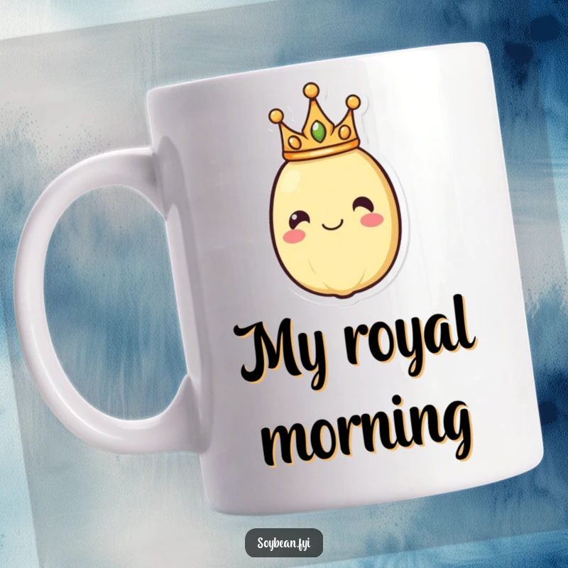 Funny mug with a smiling soybean character wearing a tiny golden crown, exuding cheerful royalty and happiness, a delightful beverage holder.