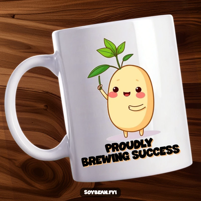 Funny mug featuring a proud soybean character triumphantly holding a tiny, delicate sprout.