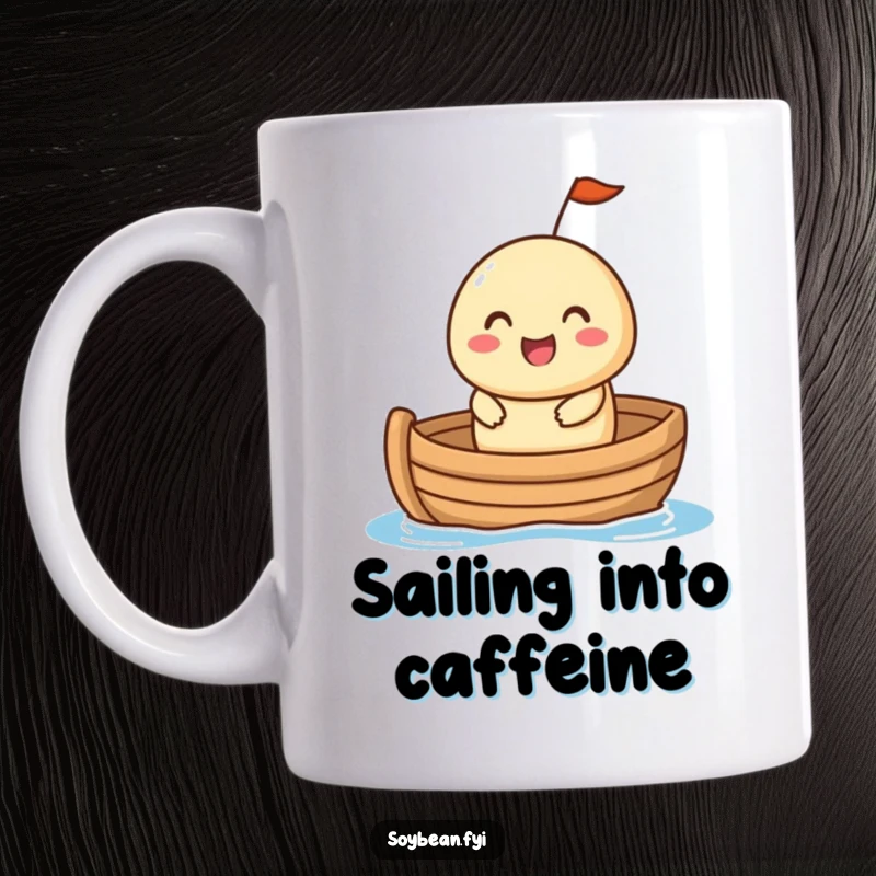 Funny Mug: A happy soybean character with a cheerful expression sailing joyfully in a small boat, conveying a sense of pleasant adventure.