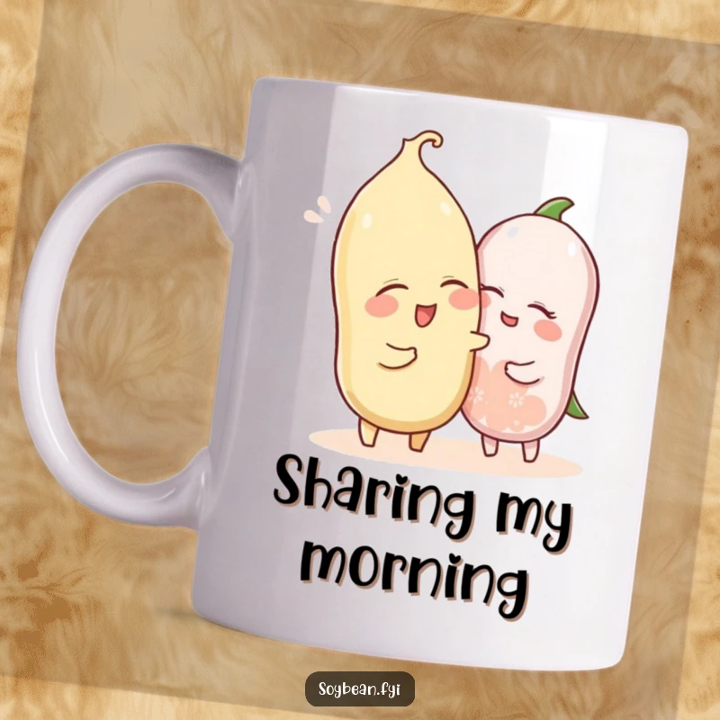 Funny mug showing two soybeans, one winking and playfully nudging the other, embodying friendly mischief and connection.