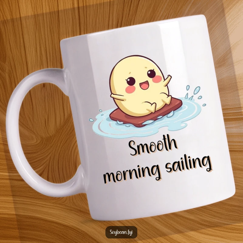Funny mug depicting a cute kawaii soybean character in mid-slide across a wet surface, with a comical expression of surprise and fun.