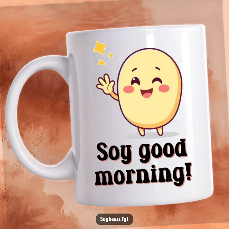 Funny Kawaii soybean character with a cheerful smile, giving a big, triumphant wave of victory.