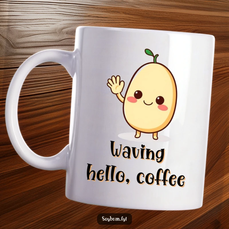Funny mug featuring a cheerful soybean character extending a friendly, welcoming wave with a warm smile.