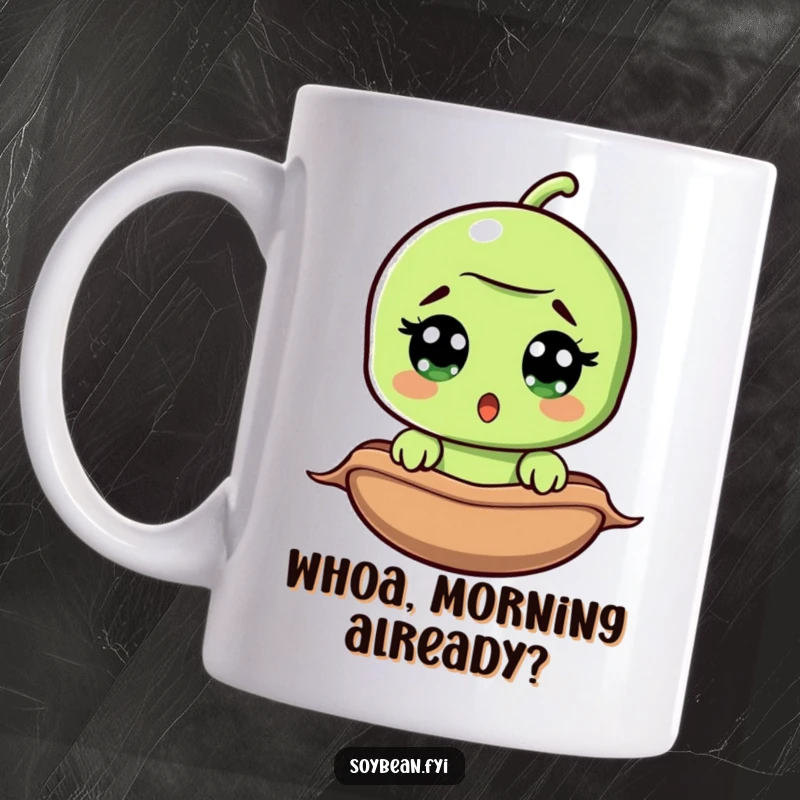 Funny surprised soybean mug, wide-eyed bean peeking from pod, a hilarious veggie character, perfect for coffee lovers.
