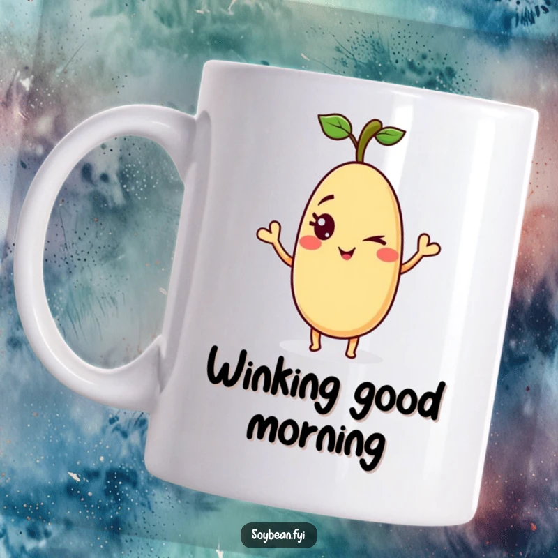 Funny soybean mug featuring a playful anthropomorphic soybean with a mischievous wink, waving hello with charm.