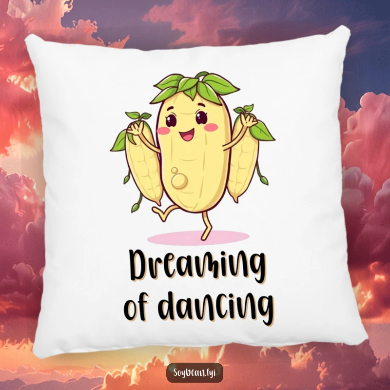 Funny pillow featuring a happy soybean character doing a little jig with its pods in sync, offering comfort and a dose of rhythmic cheer.