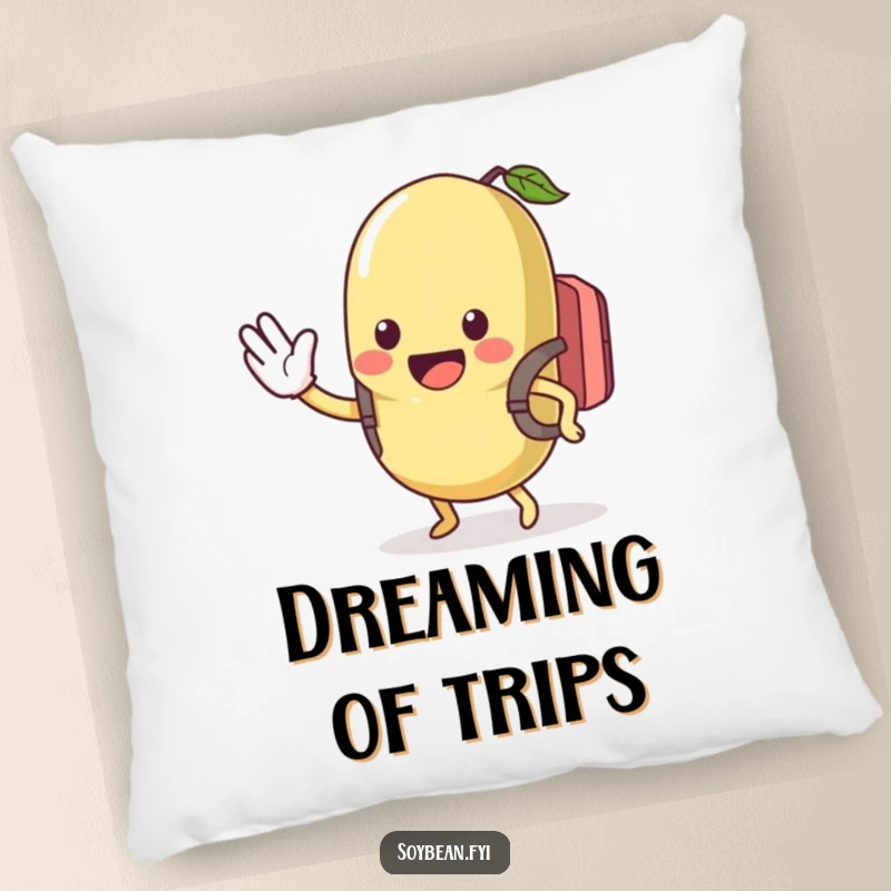 Funny pillow with a kawaii soybean in a tiny backpack, waving excitedly, offering plush comfort and a dose of cheerful humor, a perfect funny gift.