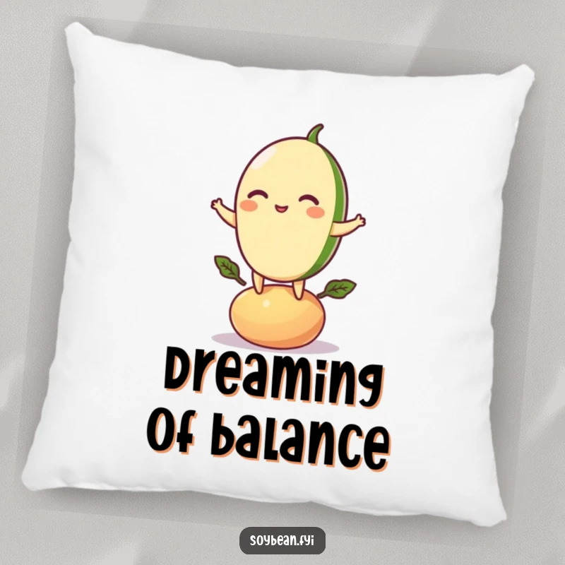 Funny pillow featuring a playful soybean character balancing on a bean pod, ideal for adding comfort and healthy humor.