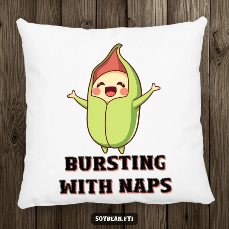 Funny pillow design of a happy soybean pod bursting open, radiating comfort and laughter, a delightful decorative accent.