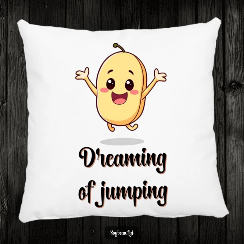 Funny pillow featuring a happy soybean character in a joyful jump, bringing cheer and comfort, a delightful decorative accent.