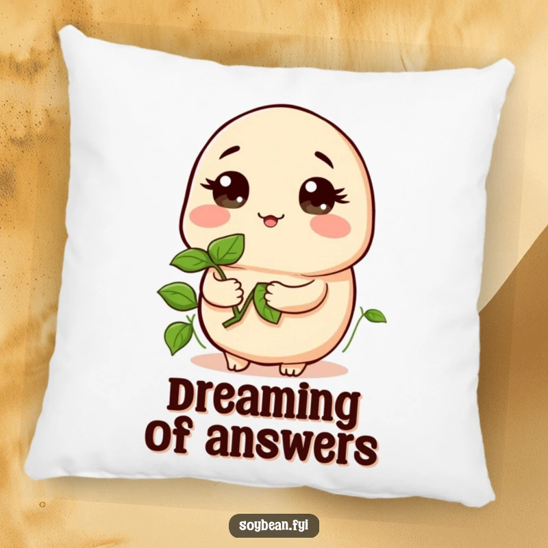 Funny pillow with a kawaii soybean holding a sprout, looking curious, offering plush comfort and a dose of thoughtful humor, a perfect funny gift.