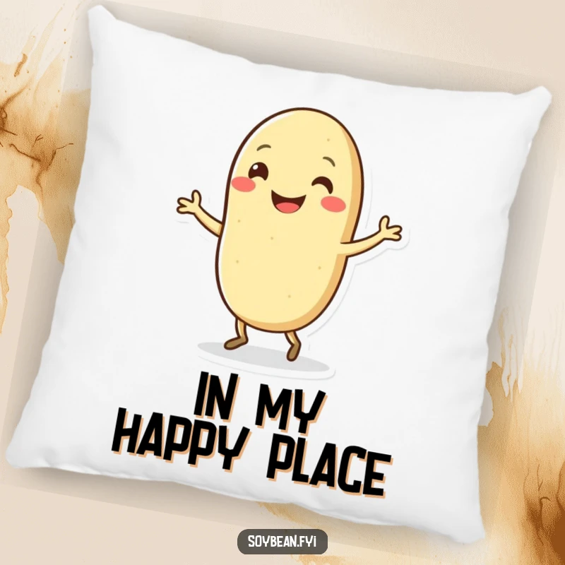 Funny Kawaii soybean character grinning and dancing playfully, featured on a soft and decorative pillow.