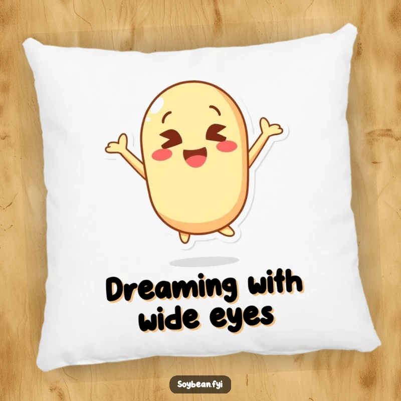 Funny pillow showcasing a cute kawaii soybean jumping with eyes crossed in pure delight, offering comfort and a smile.