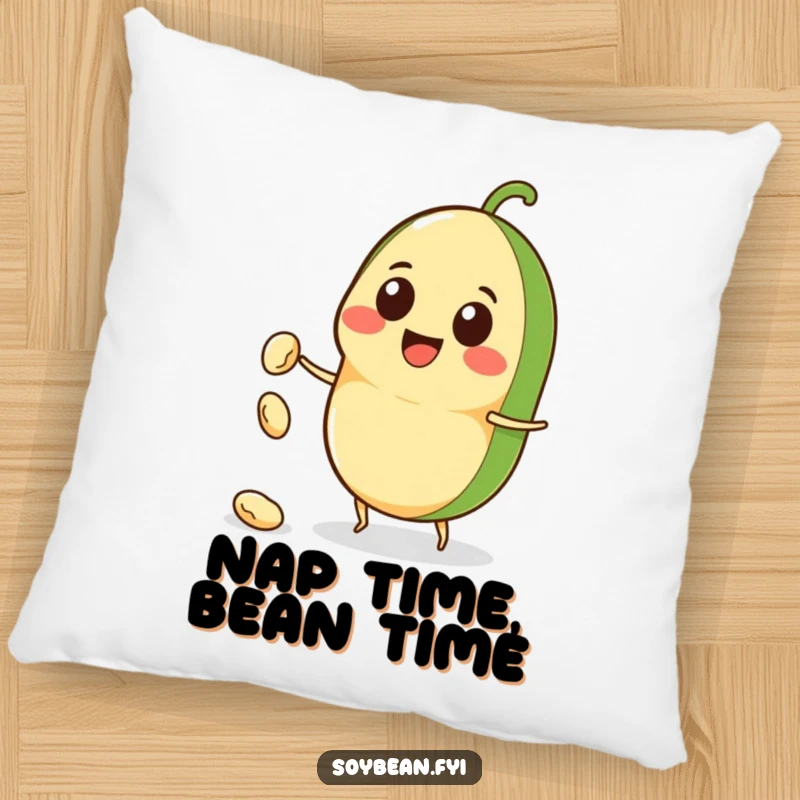 Funny Kawaii soybean character pillow, depicted with a big smile and throwing a tiny bean, offering soft comfort and amusement.