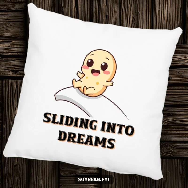 Funny kawaii soybean pillow featuring a cute character playfully sliding down a ramp, providing soft comfort and kawaii charm.