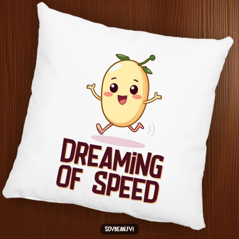 Funny pillow with a kawaii soybean comically sprinting on little legs, offering plush comfort and a dose of hilarious energy, a perfect funny gift.