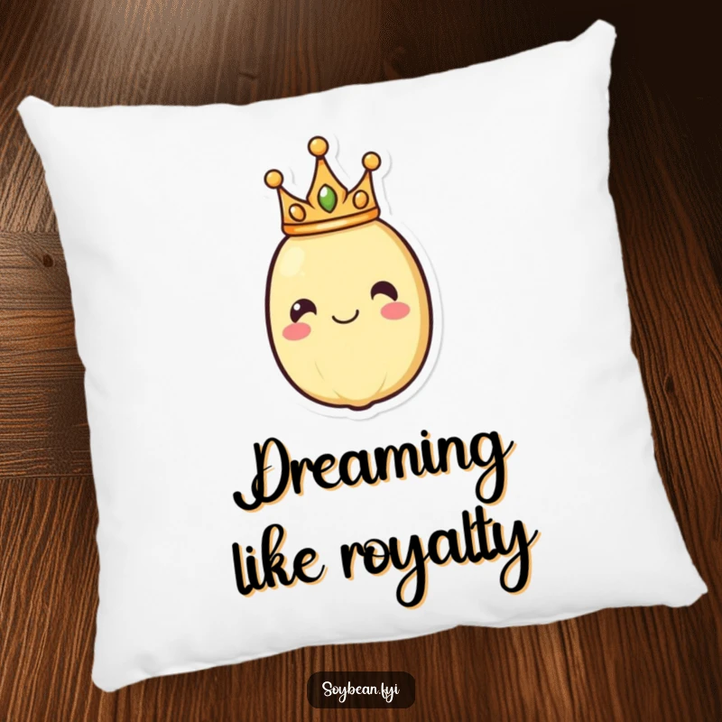 Funny pillow featuring a happy soybean character wearing a crown, bringing regal comfort and cheer, a delightful decorative accent.