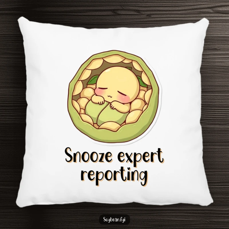 Funny contented soybean napping peacefully within pods on a soft, decorative pillow.