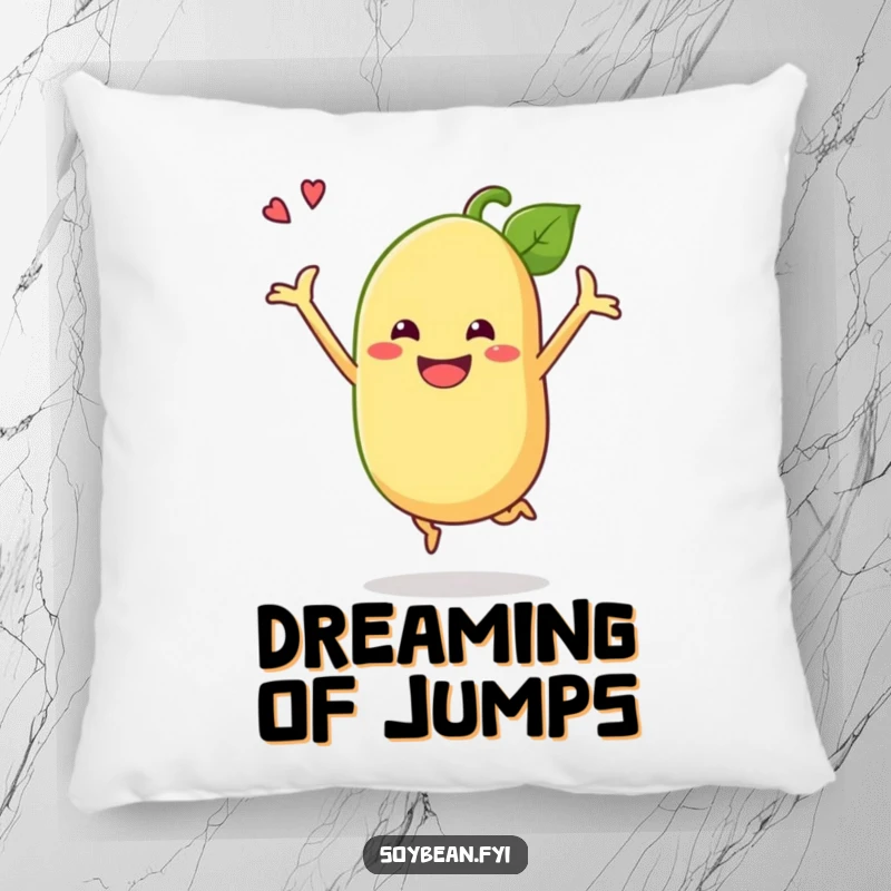Funny soybean pillow with a grinning anthropomorphic soybean in a celebratory jump, offering comfort and amusement.