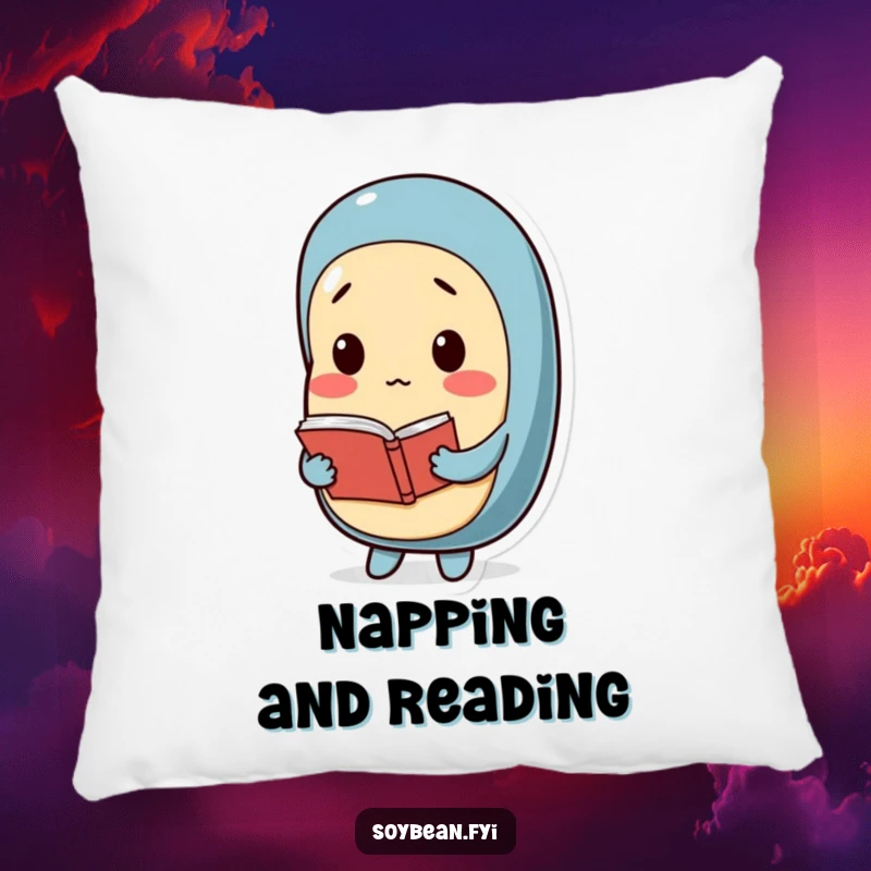 Funny pillow featuring a contemplative soybean character holding a tiny book, offering comfort and a humorous nod to intellectual pursuits.