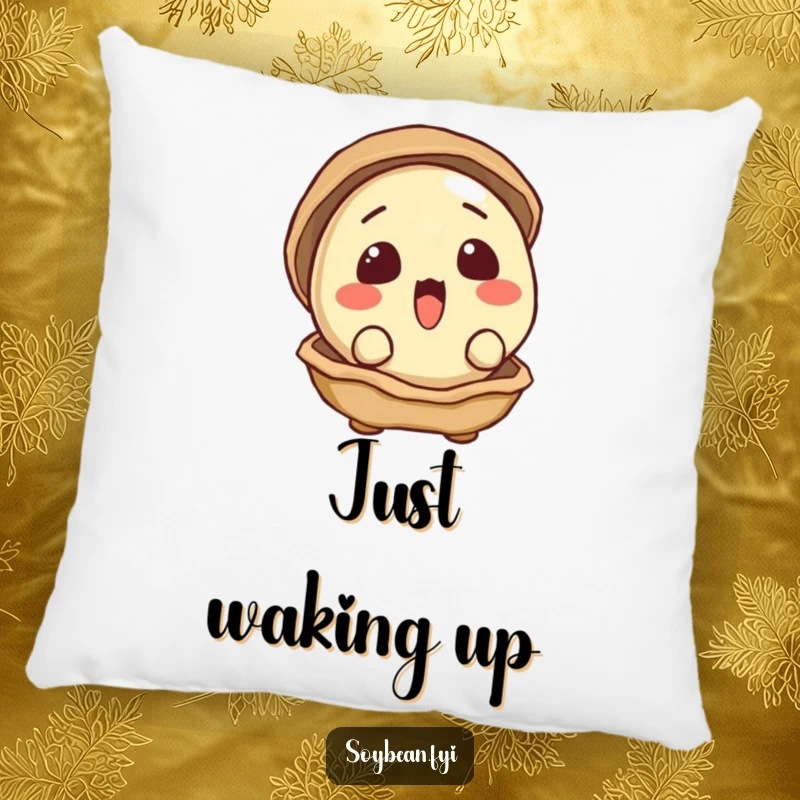 Funny pillow featuring a surprised soybean peeking curiously from its slightly ajar shell, adding charm.