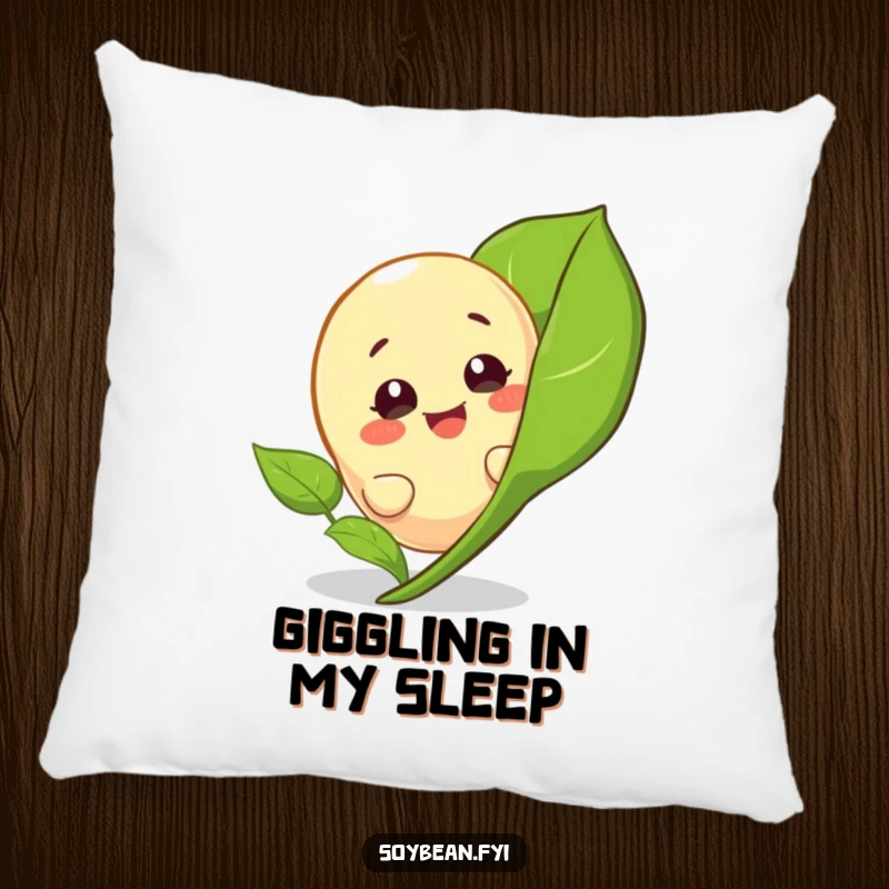 Funny pillow featuring a giggling soybean character peeking from behind a leaf, ideal for adding comfort and playful humor.