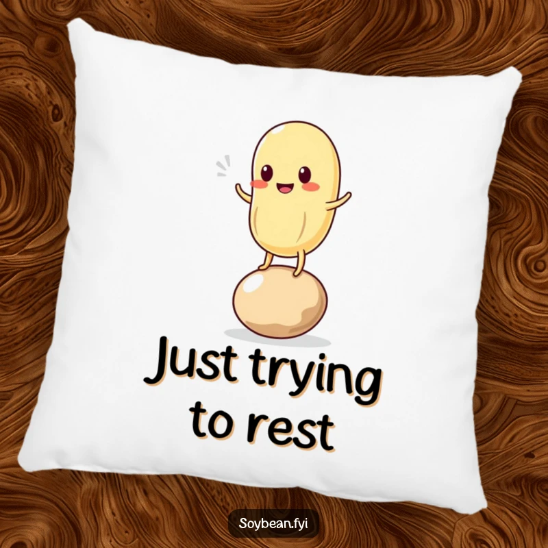 Funny pillow displaying a charming kawaii soybean character wobbling precariously on a single bean, offering comfort and a good laugh.