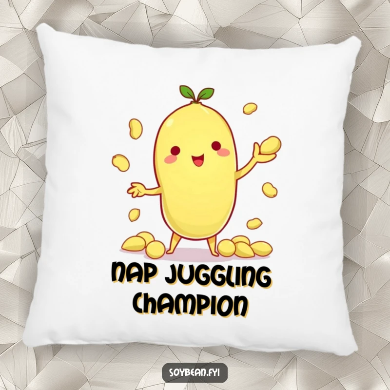 Funny pillow displaying a cute kawaii soybean character juggling multiple edamame pods with impressive skill and charm.