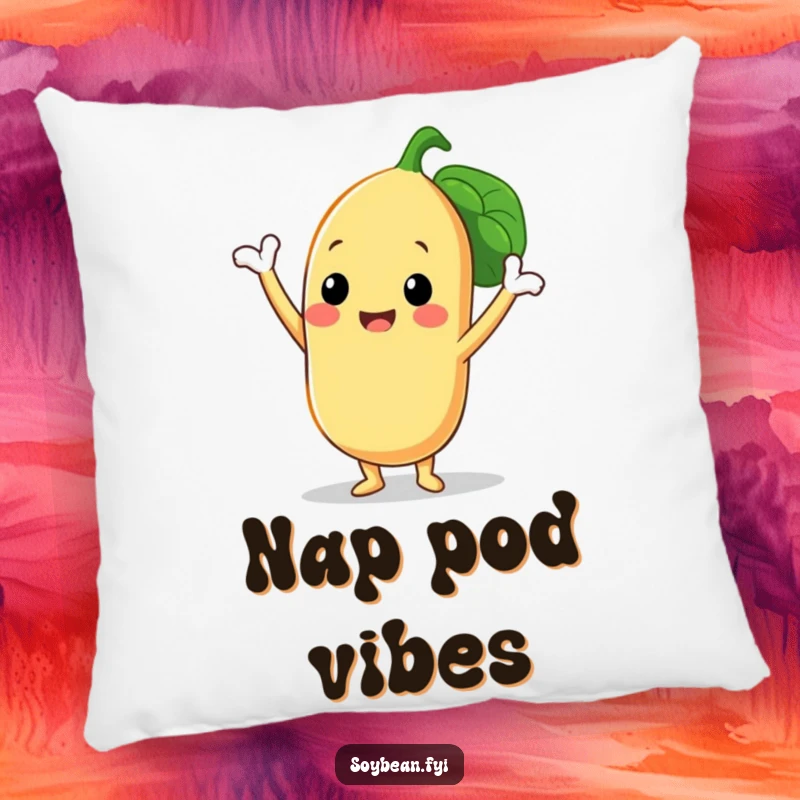 Funny pillow featuring a smiling soybean character in a triumphant pose with its three bean pods, offering comfort and a touch of legume humor.