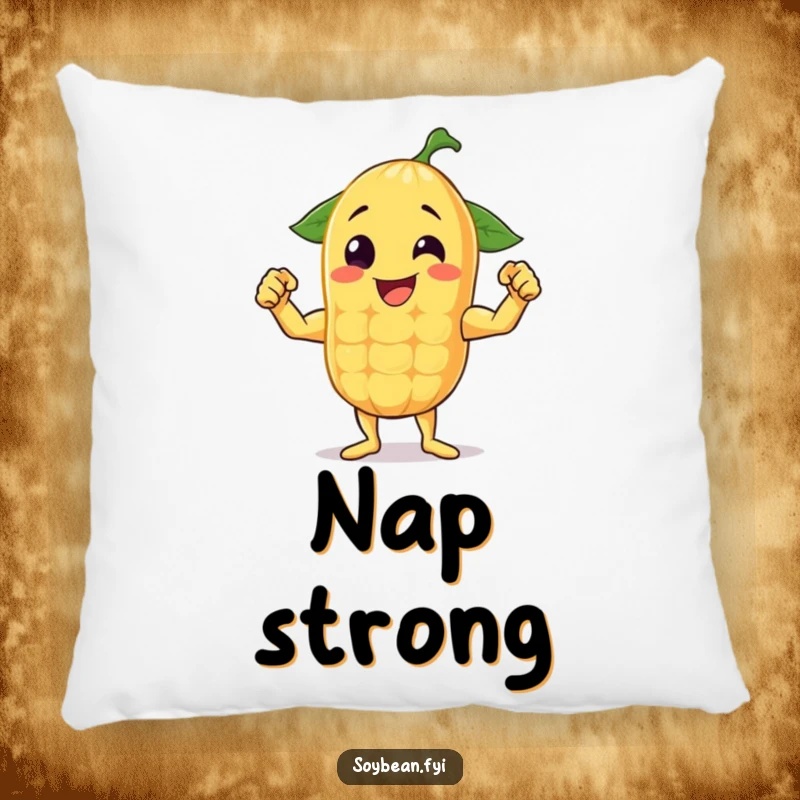 Funny pillow with a cheerful anthropomorphic soybean flexing its muscles, perfect for adding humor and comfort.