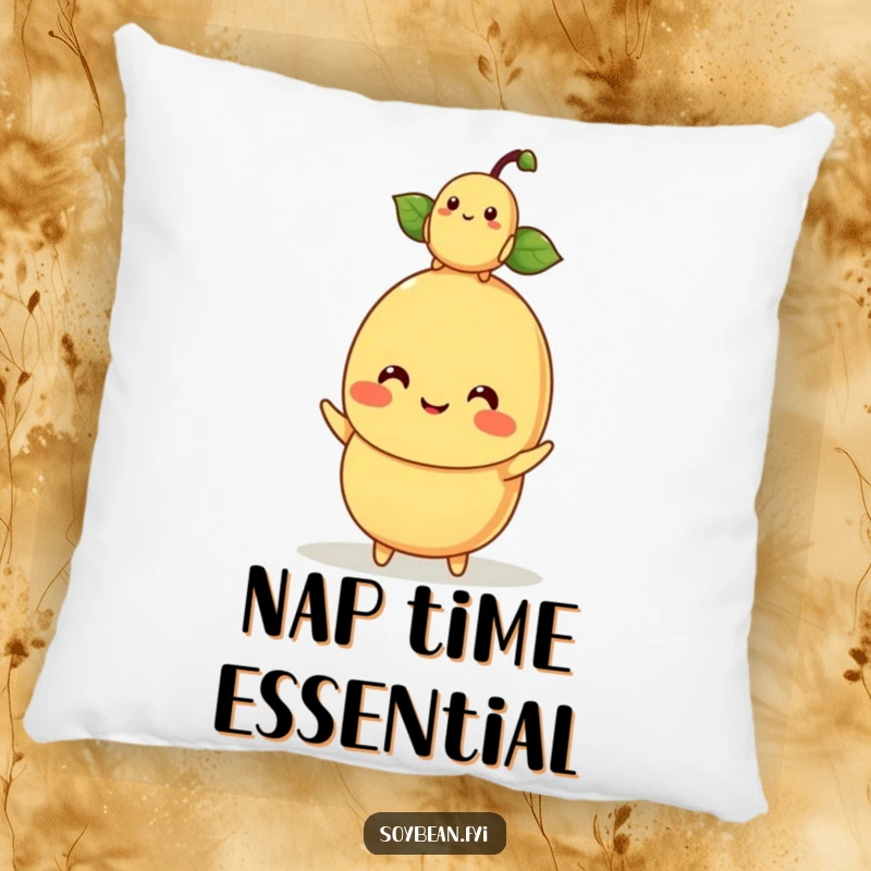 Funny kawaii soybean character mom balancing a baby soybean on its head, embroidered on a soft, comfortable pillow.