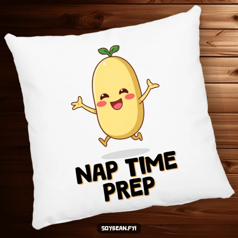 Funny energetic soybean doing a jumping jack on a soft, decorative pillow.