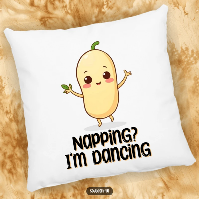 Funny pillow featuring a happy soybean character dancing with its leafy arms, bringing comfort and cheer, a delightful decorative accent.