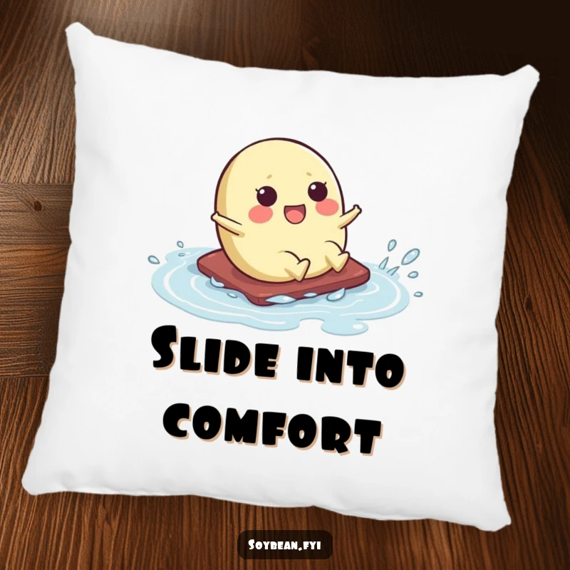 Funny pillow displaying a kawaii soybean character humorously sliding across a wet surface, offering comfort and a good laugh.