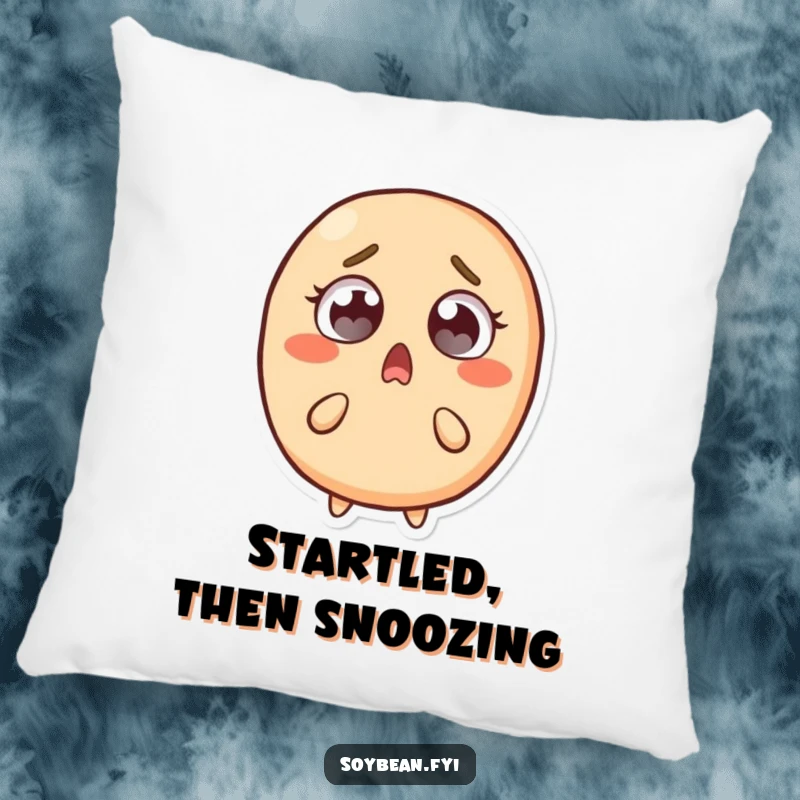 Funny pillow featuring a wide-eyed, recoiling soybean character, bringing a humorous and comforting touch of surprise to your home.
